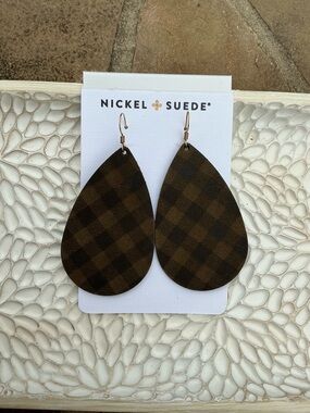 Nickel & Suede Plaid Medium Teardrop Earrings